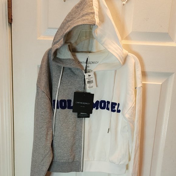 NEW Cynthia Rowley Embroidered Knit Zip Up Hoodie in White Gray size XS - Picture 4 of 11